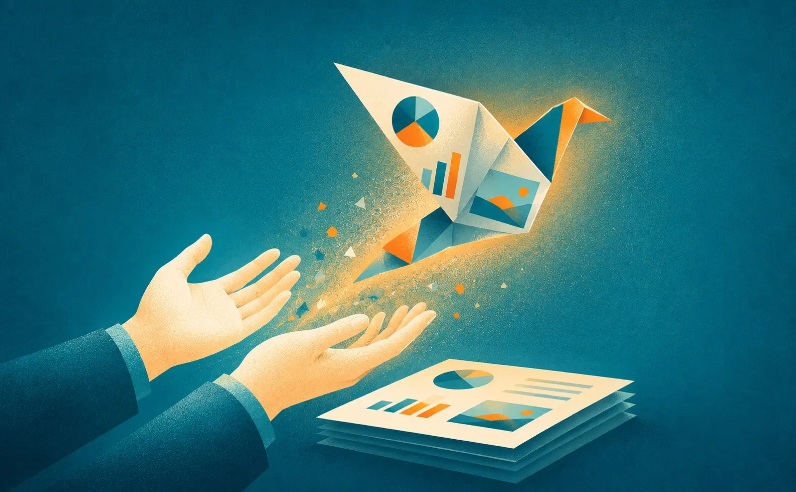 An origami bird folded from a slide taking flight from a stack, a metaphor for creative presentation ideas