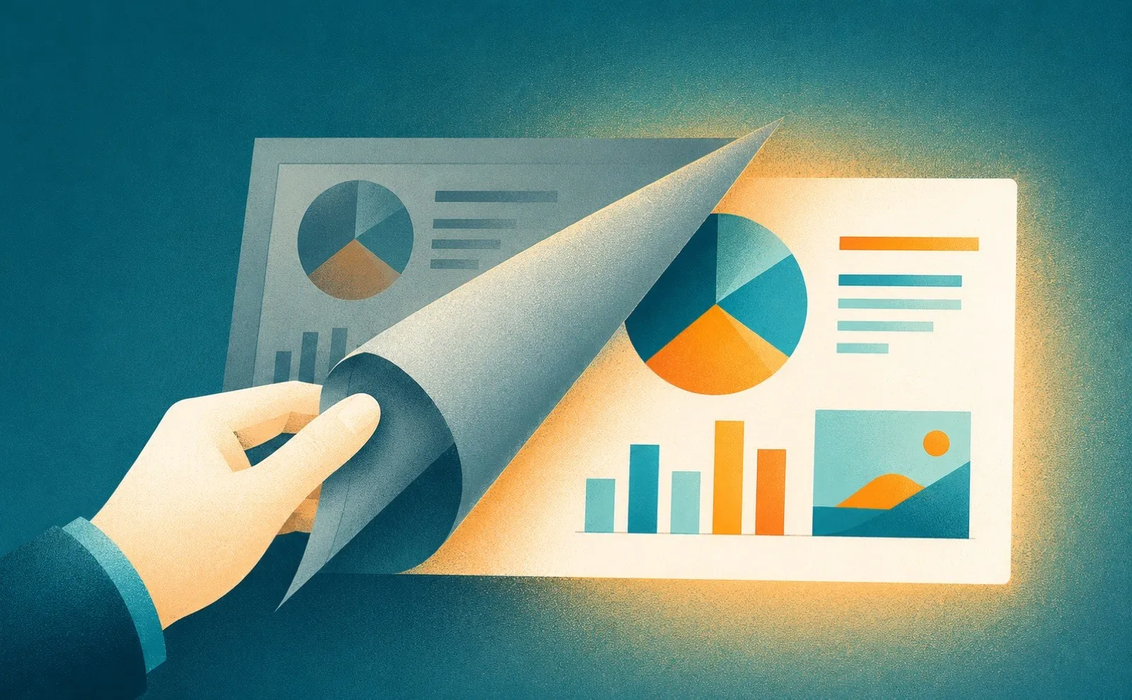 A hand peeling a dull layer off a slide to reveal a bright, well-designed version, a metaphor for making a good PowerPoint