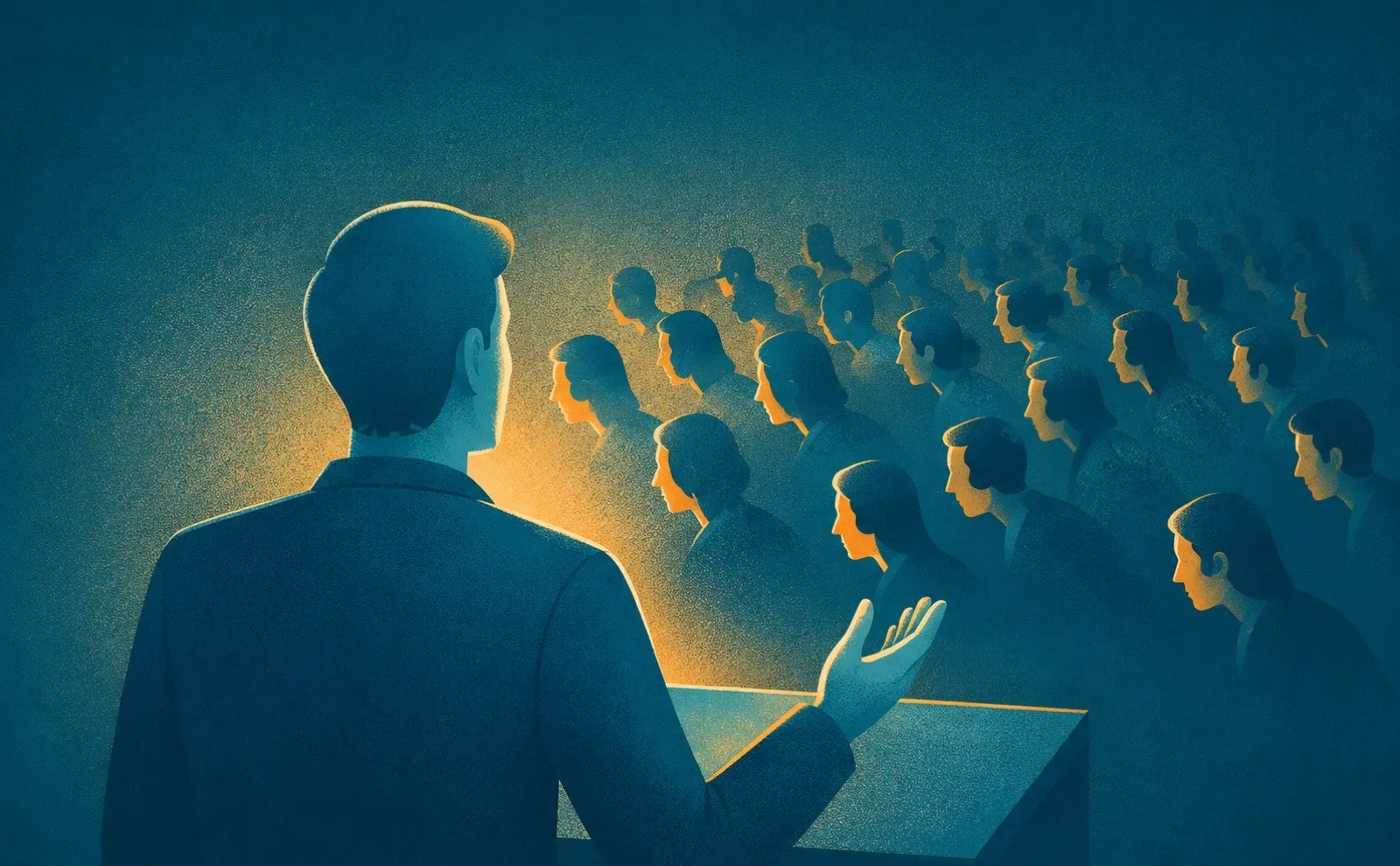 A darkened audience leaning in toward a lit stage, a metaphor for keeping your audience engaged