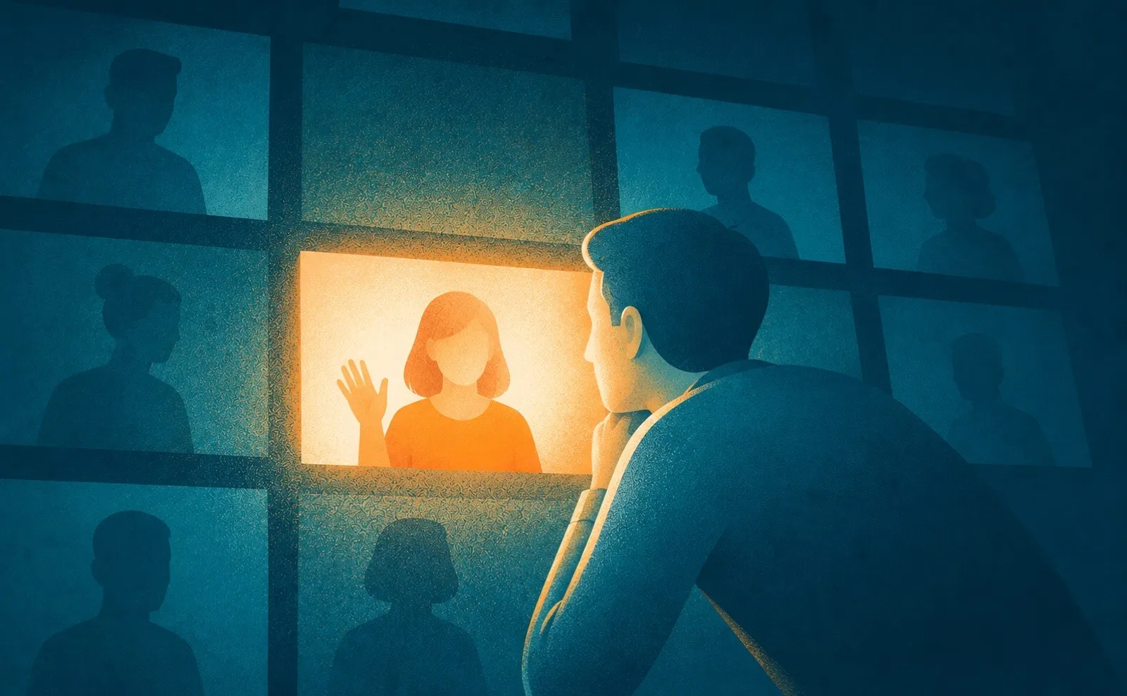 One warmly lit face among a grid of dark video call windows, a metaphor for successful video conferencing