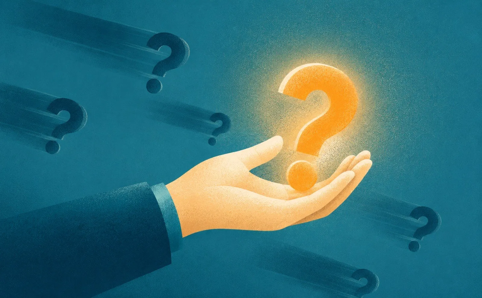 A hand calmly catching one glowing question mark amid others, a metaphor for mastering the art of Q&A