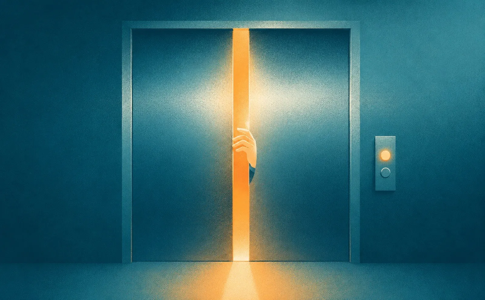 Elevator doors closing on a sliver of warm light, a metaphor for perfecting your elevator pitch