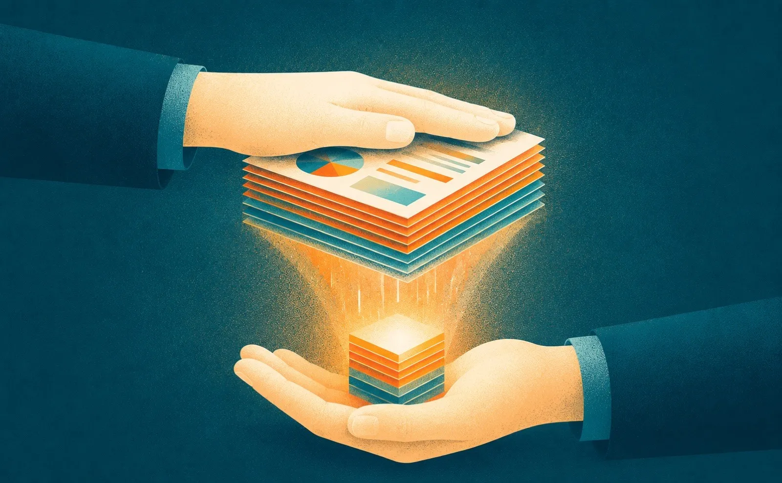 Hands compressing a stack of slides into a small dense cube, a metaphor for compressing PowerPoint presentations