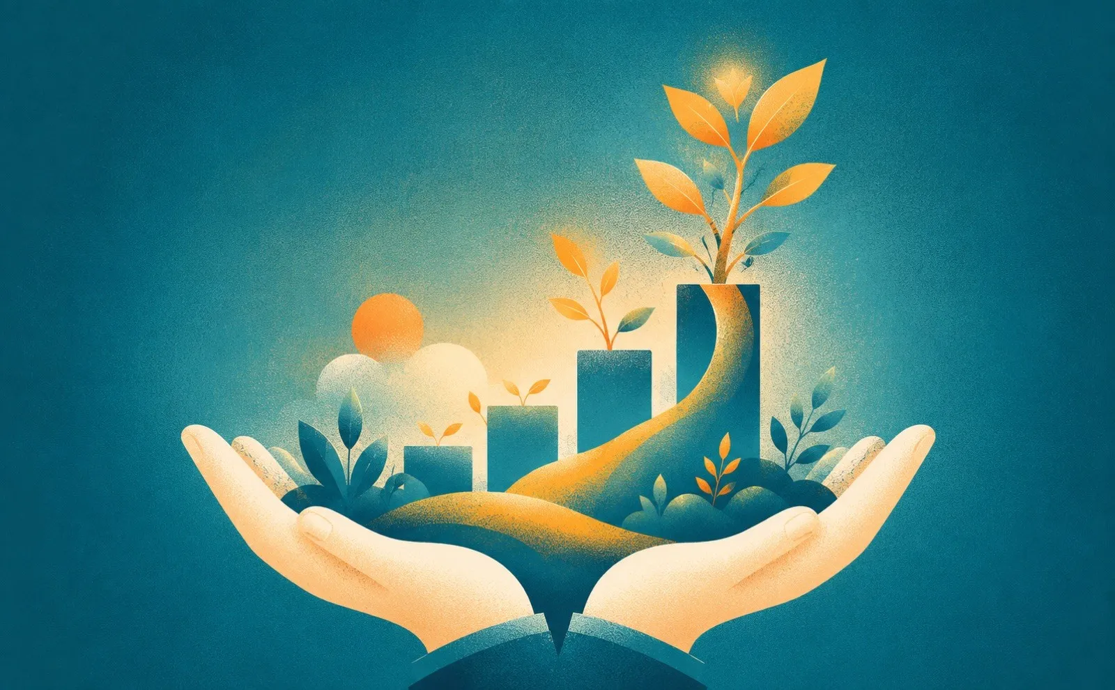 Hands cupping a bar chart that blooms into living plants, a metaphor for bringing data storytelling to life