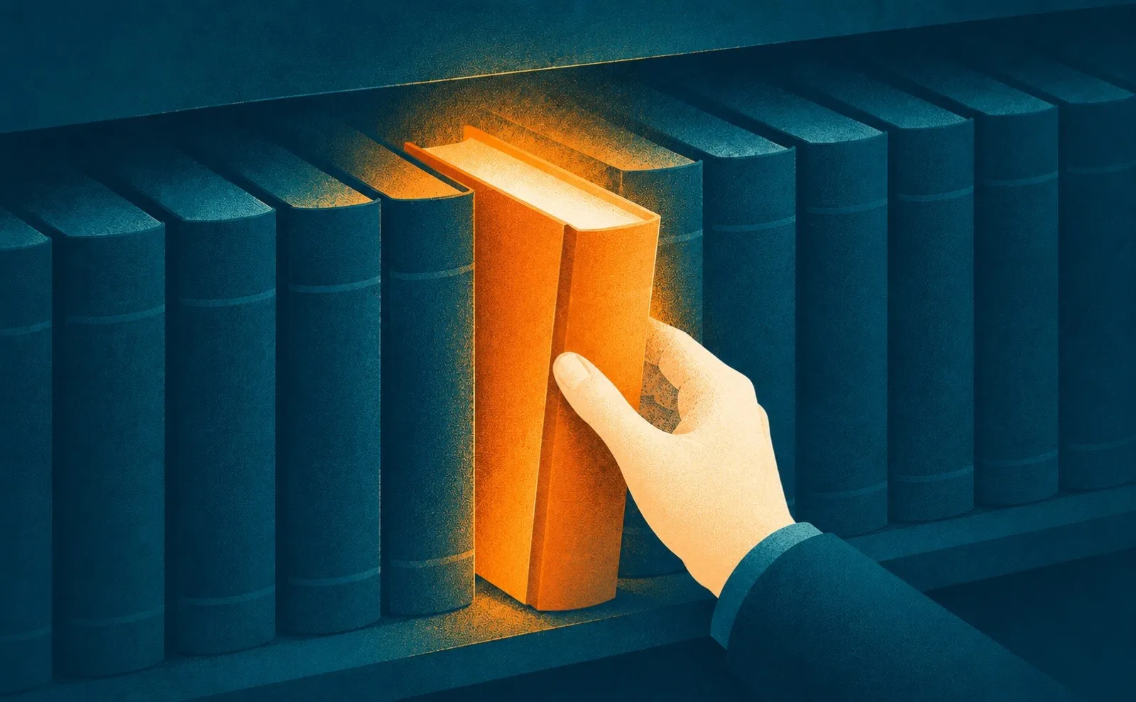 A single glowing book pulled from a dark shelf, a metaphor for books to become a persuasive presenter