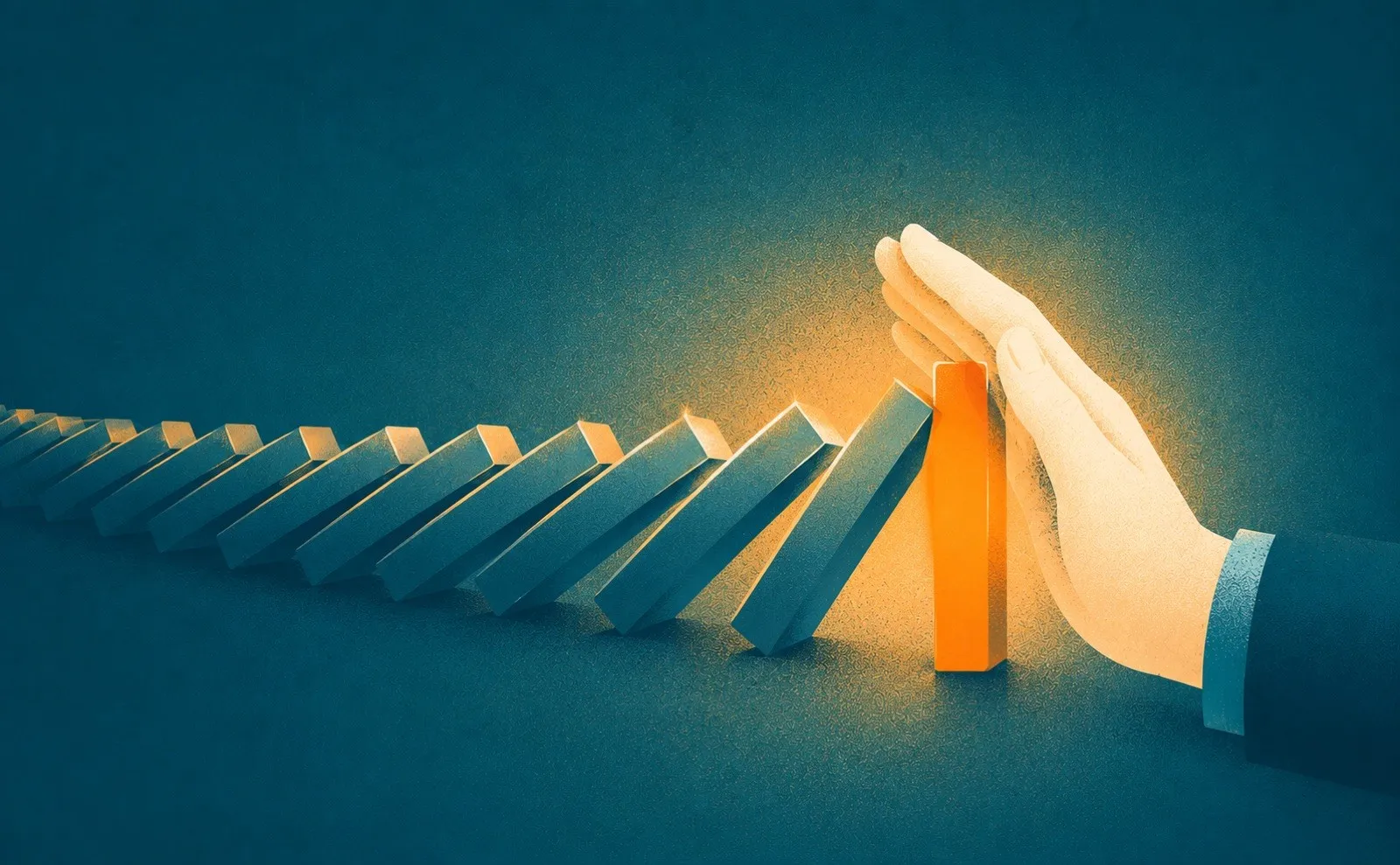 A hand stopping the last domino in a chain, a metaphor for ending your presentation with style