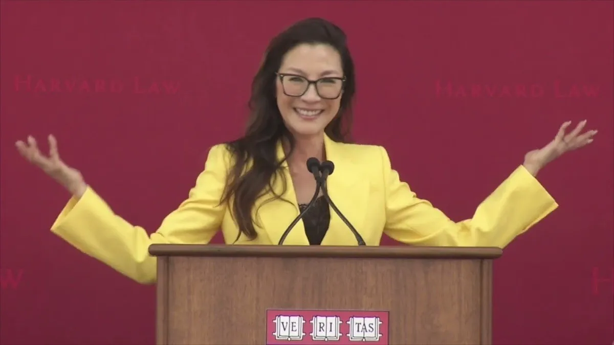 Michelle Yeoh delivering the Class Day address at Harvard Law School in 2023