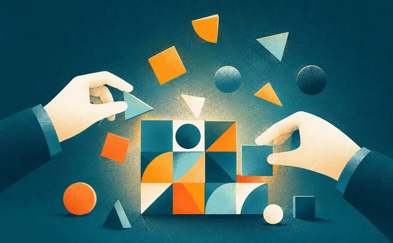 Hands arranging scattered geometric shapes into a neat grid, a metaphor for design principles for persuasive presentations
