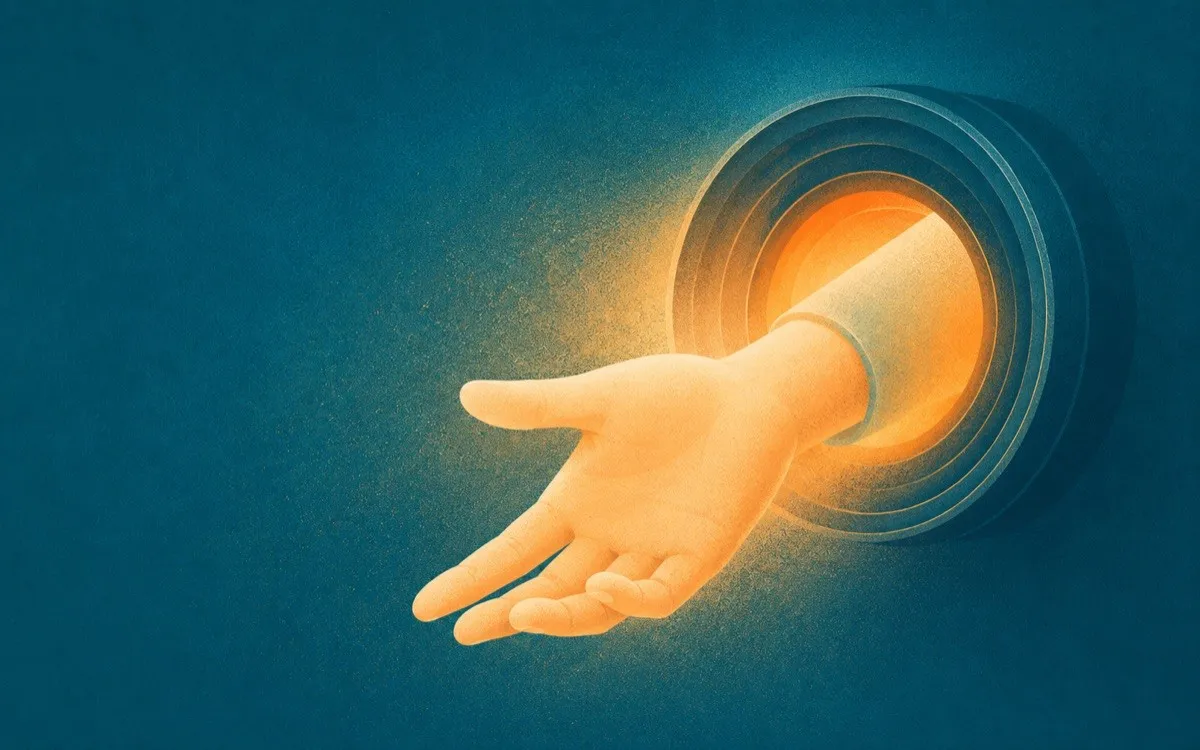 A hand reaching out through a glowing camera lens, a metaphor for connecting with an audience while presenting on video
