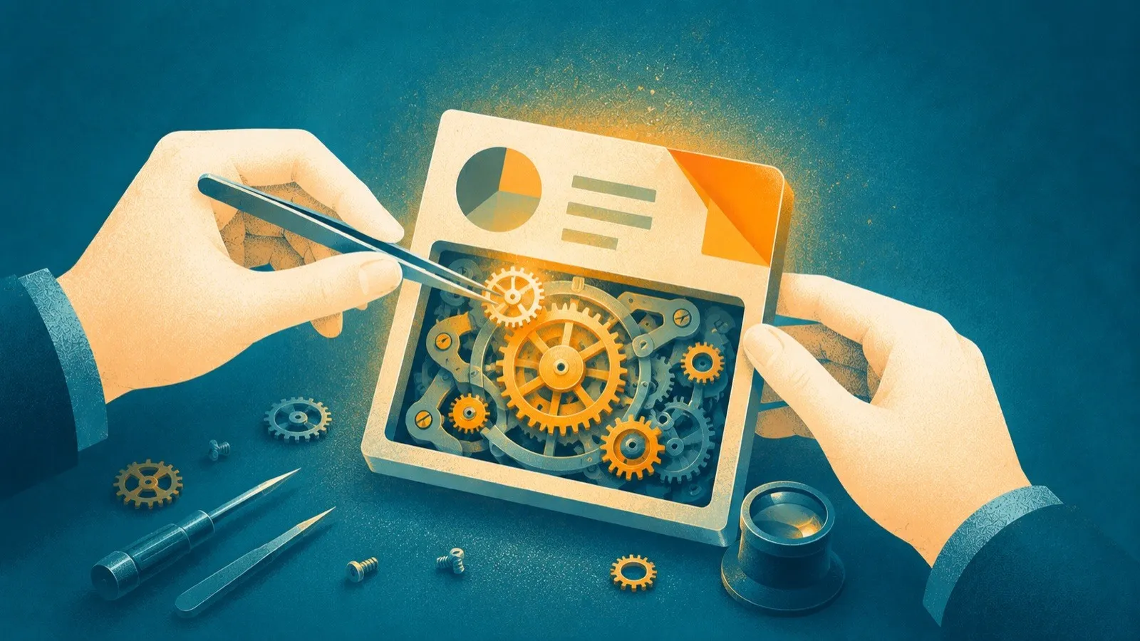 Watchmaker hands setting a gear into a slide-shaped clockwork, a metaphor for making your best PowerPoint presentation