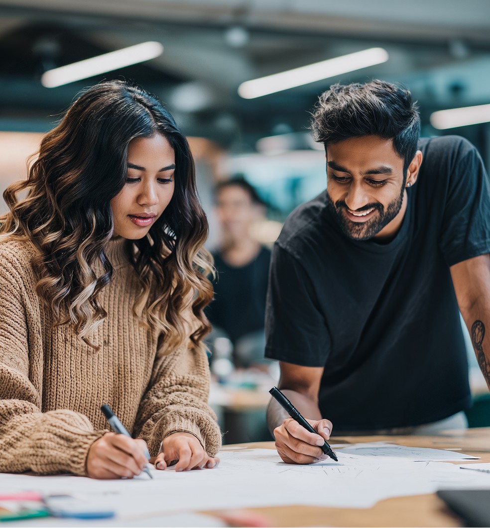 Two colleagues working together on presentation design at a studio table